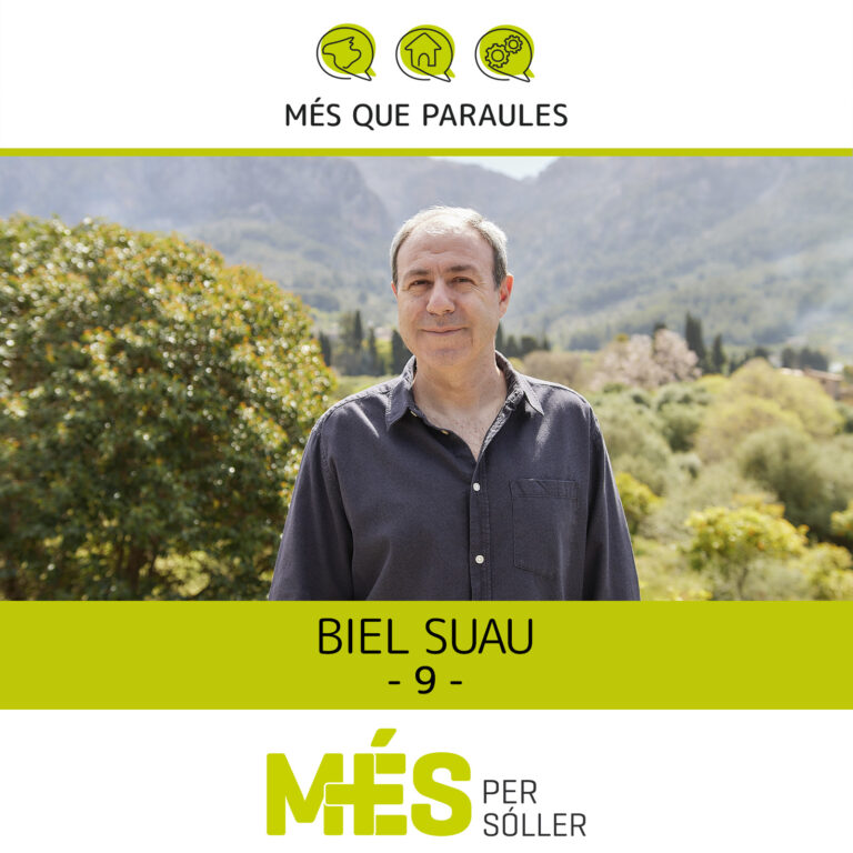 Som un solleric que he tengut l'honor de ser regidor d'aquesta ciutat des de 2020, al costat d'un companys compromesos, capacitats, seriosos i responsables. Ha estat un orgull ser al costat d'Elvira Arbona i Joan Carles Simó, i ser liderats per qui serà una gran batlessa a partir del mes de juny: Laura Celià. Som feiner, inconformista, ciutadà de 51 anys i pare de dues filles. Crec en els canvis només si ens fan més lliures i més iguals. I crec que quan seguim els nostres valors i actuam en conseqüència és quan hi guanyam. Form part de la candidatura de Més per Sóller perquè pens que aquest municipi ha de canviar i ha de millorar, i perquè ho ha de fer per respondre a les necessitats de tots els seus ciutadans tractats com a iguals. I perquè pens que això només és possible amb un govern de progrés i amb una batlessa sobiranista i feminista.
